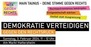 Demokratie verteidigen – gegen den Rechtsruck. Aufruf zur Kundgebung am Samstag, 03.02.2024 in Hattersheim, Am Markt (Sharepic)