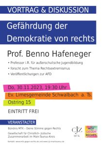 Vortrag und Diskussion »Gefährdung der Demokratie von rechts« mit Prof. Benno Hafeneger am 30.11.2023 in der Limesgemeinde Schwalbach a.T.s., Ostring 15.